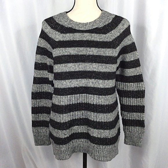Banana Republic Wool Sweater Women Medium Black Gray Striped Italian Yarn Chunky - Picture 1 of 8